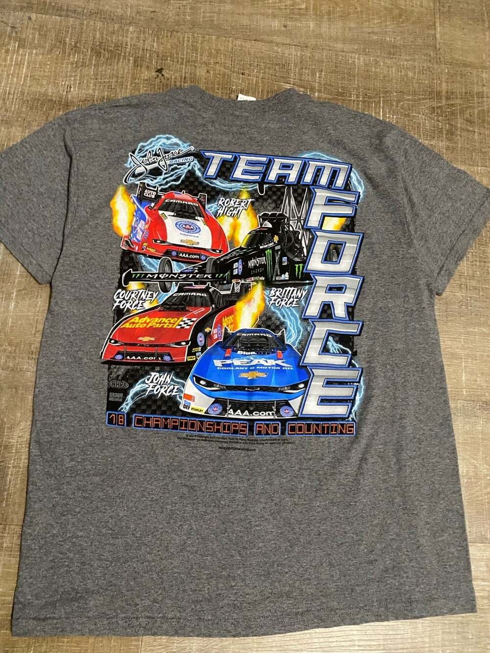 Vtg John Force Team Castrol Gray T Shirt Chase NASCAR Racing All Over Men's M